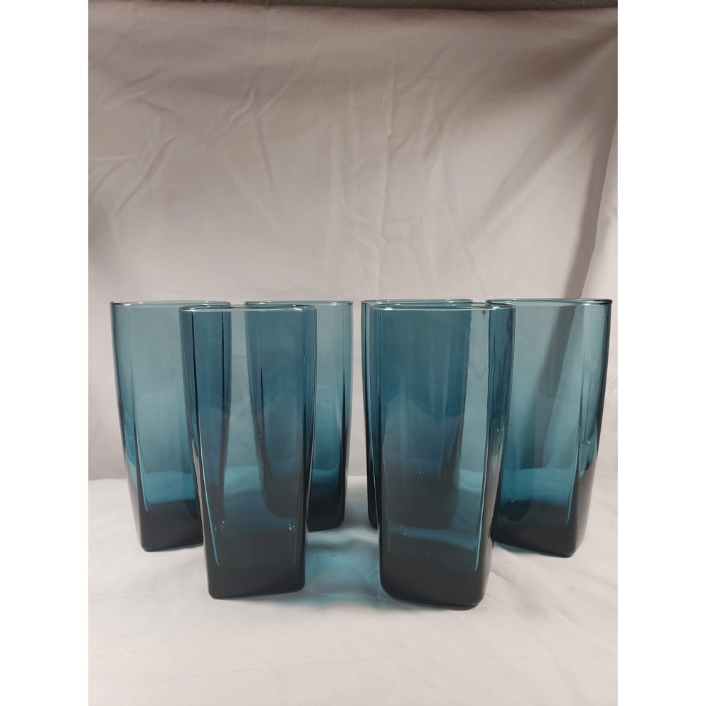 6 Anchor Hocking Rio Coastal Blue 6 inch Glass Tumblers Square Base MCM Style